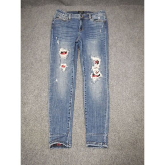 Judy Blue Denim - Judy Blue Skinny Fit Jeans Size 11/30 Lined Buffalo Plaid Blue Distressed Denim